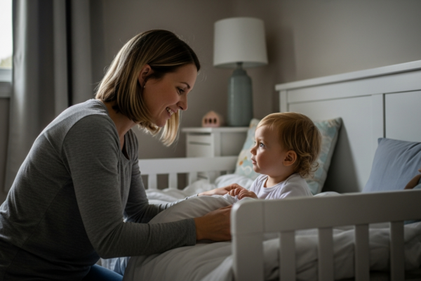 Mother tucking her toddler into bed