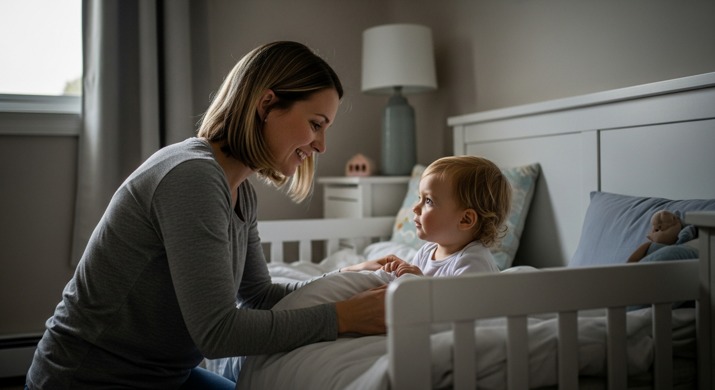 Mother tucking her toddler into bed