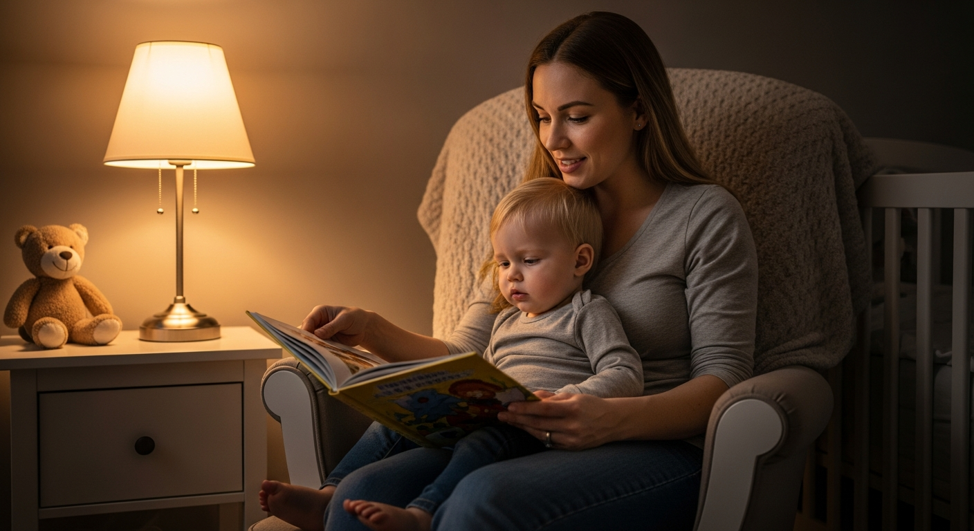 A woman reads a book to a toddler in a nursery.
