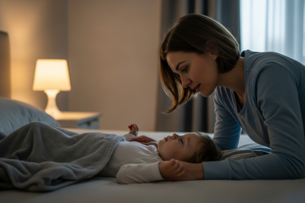 Mother watching her sleeping toddler.