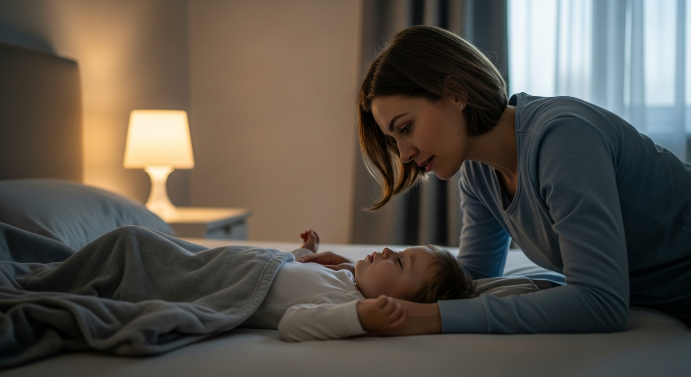 Mother watching her sleeping toddler.