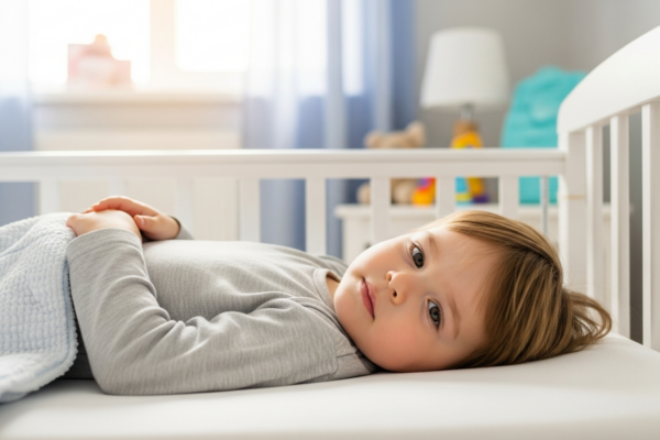 Toddler lying awake in a crib in a brightly lit bedroom