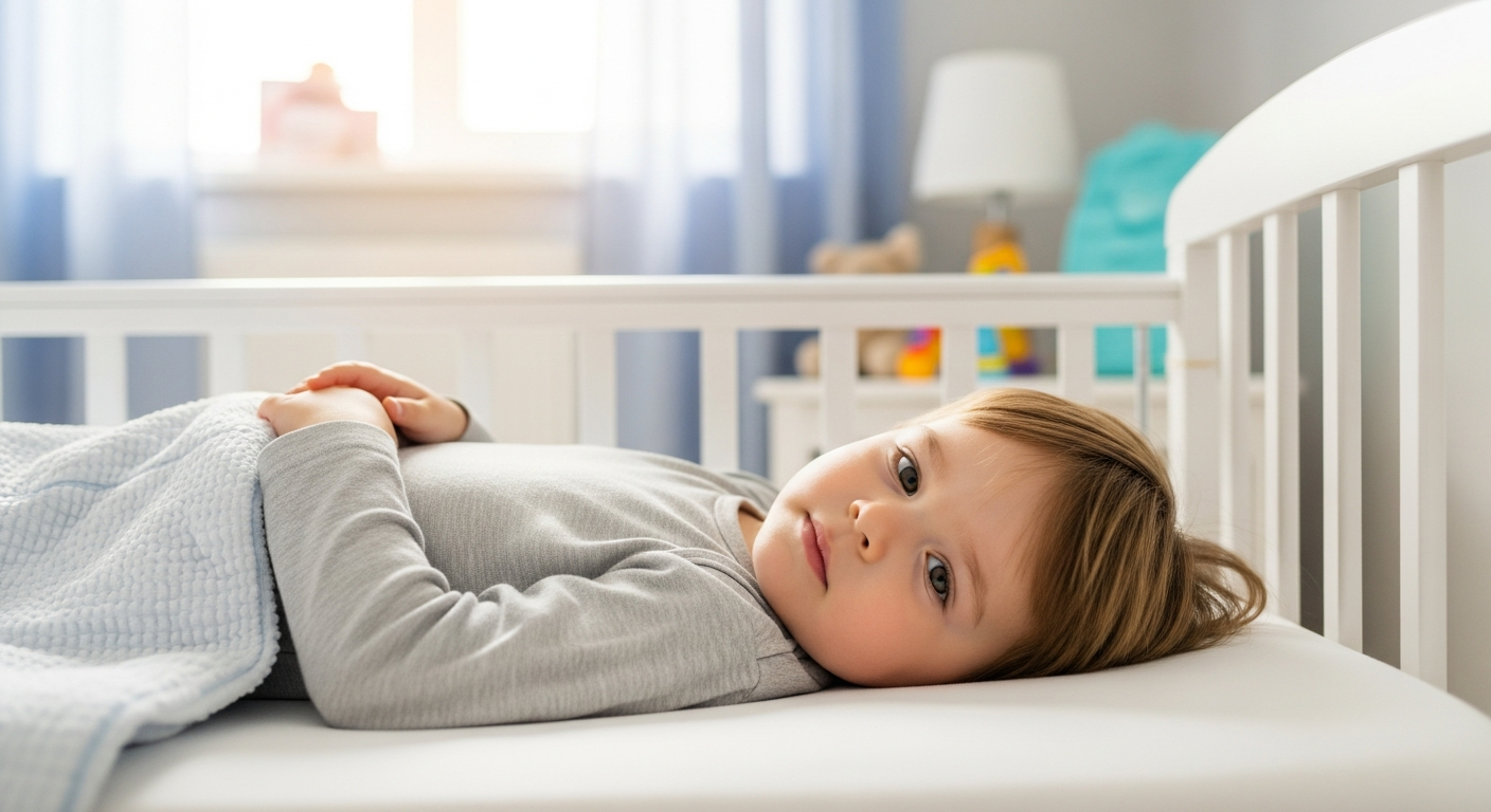Toddler lying awake in a crib in a brightly lit bedroom