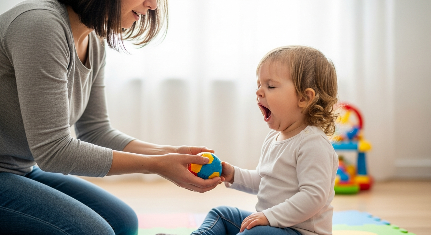 A woman encourages a sleepy toddler to play with a ball.