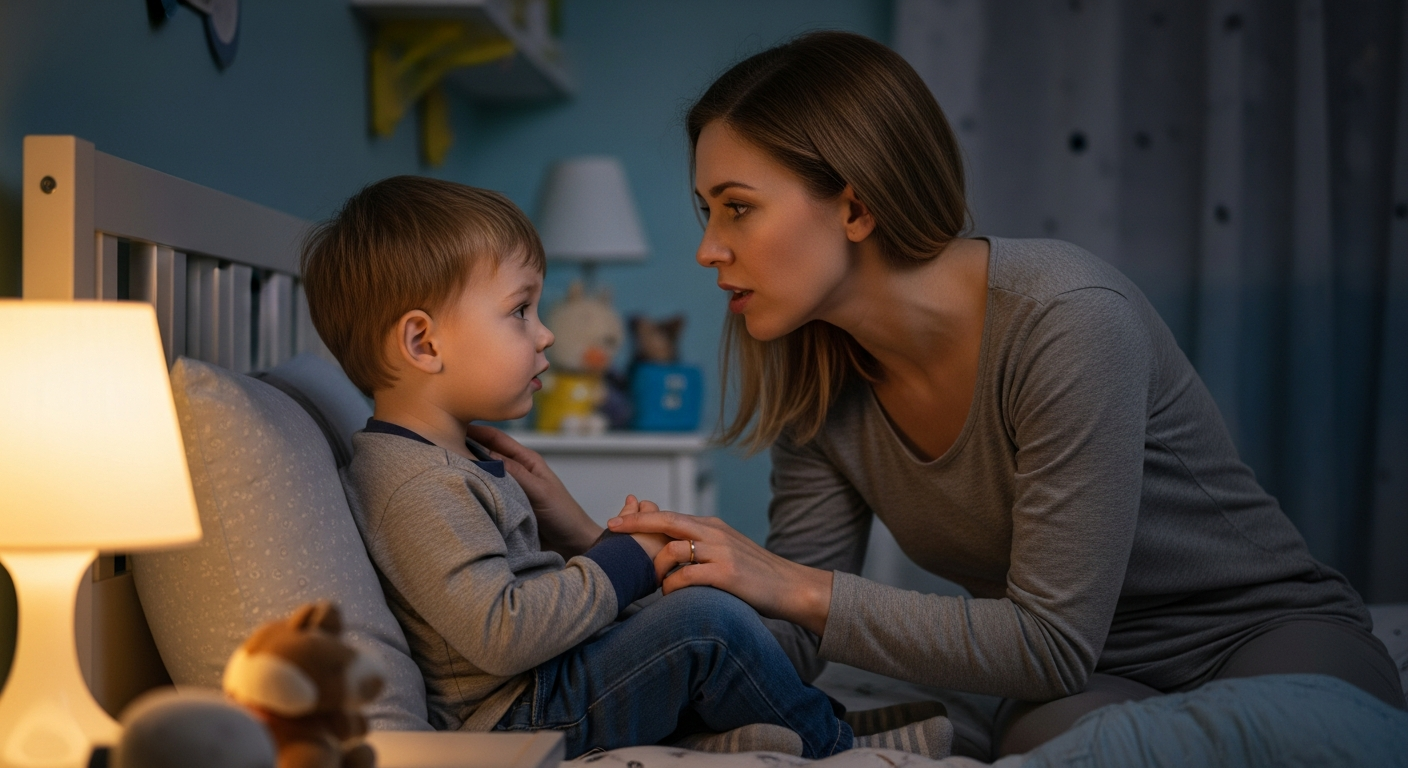 A mother comforts her toddler in a dimly lit bedroom.