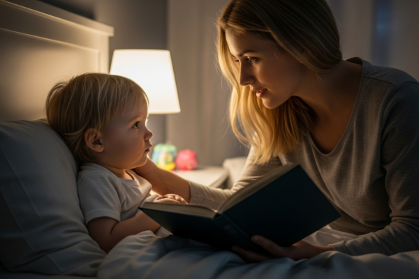 A mother comforts her toddler in a dark bedroom.