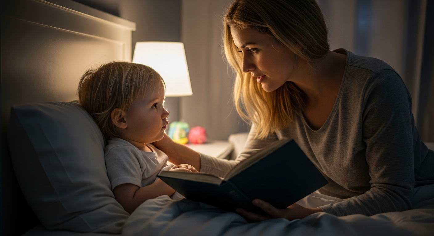 A mother comforts her toddler in a dark bedroom.