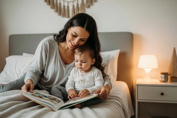 A mother reads a book to her toddler in a bedroom with holiday decorations.