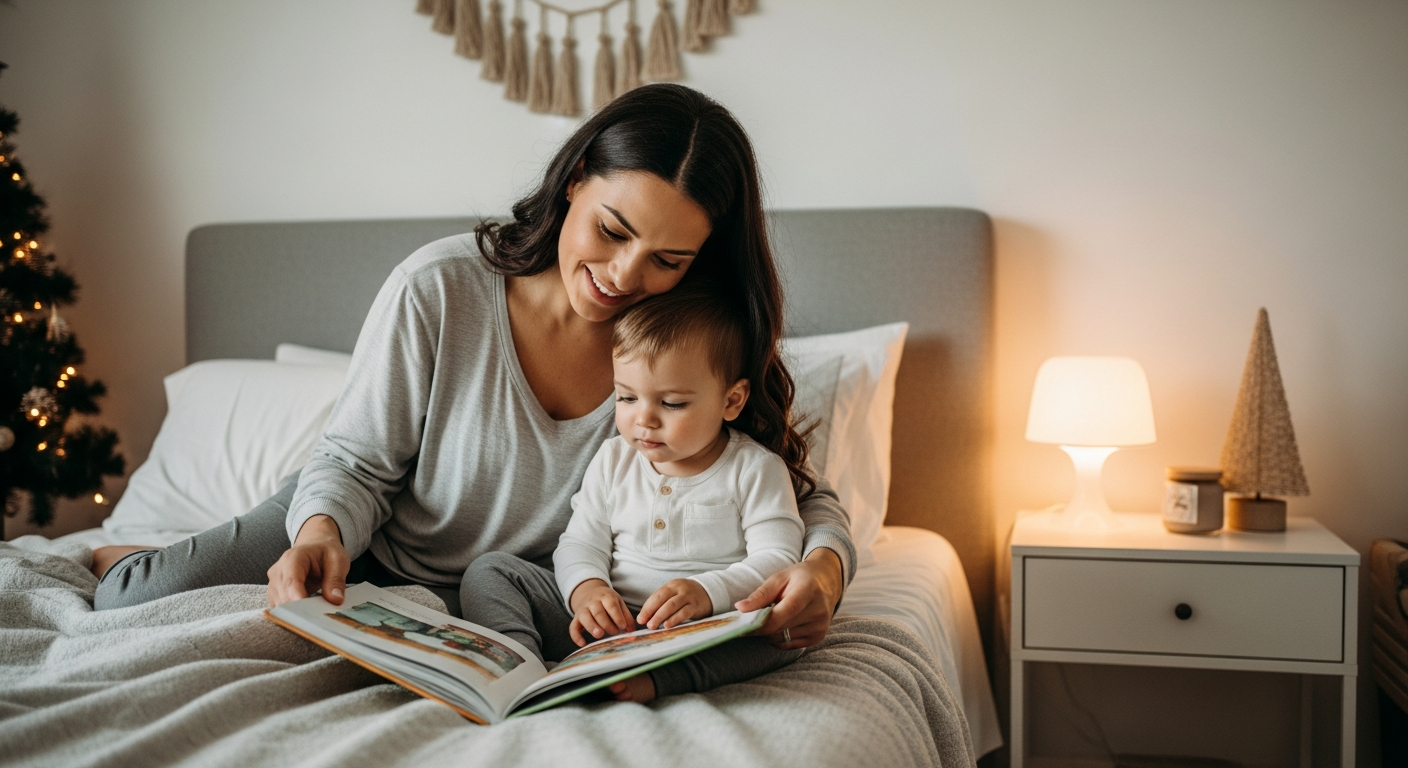 A mother reads a book to her toddler in a bedroom with holiday decorations.