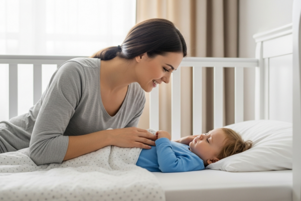 A mother helps her toddler get ready for a nap.
