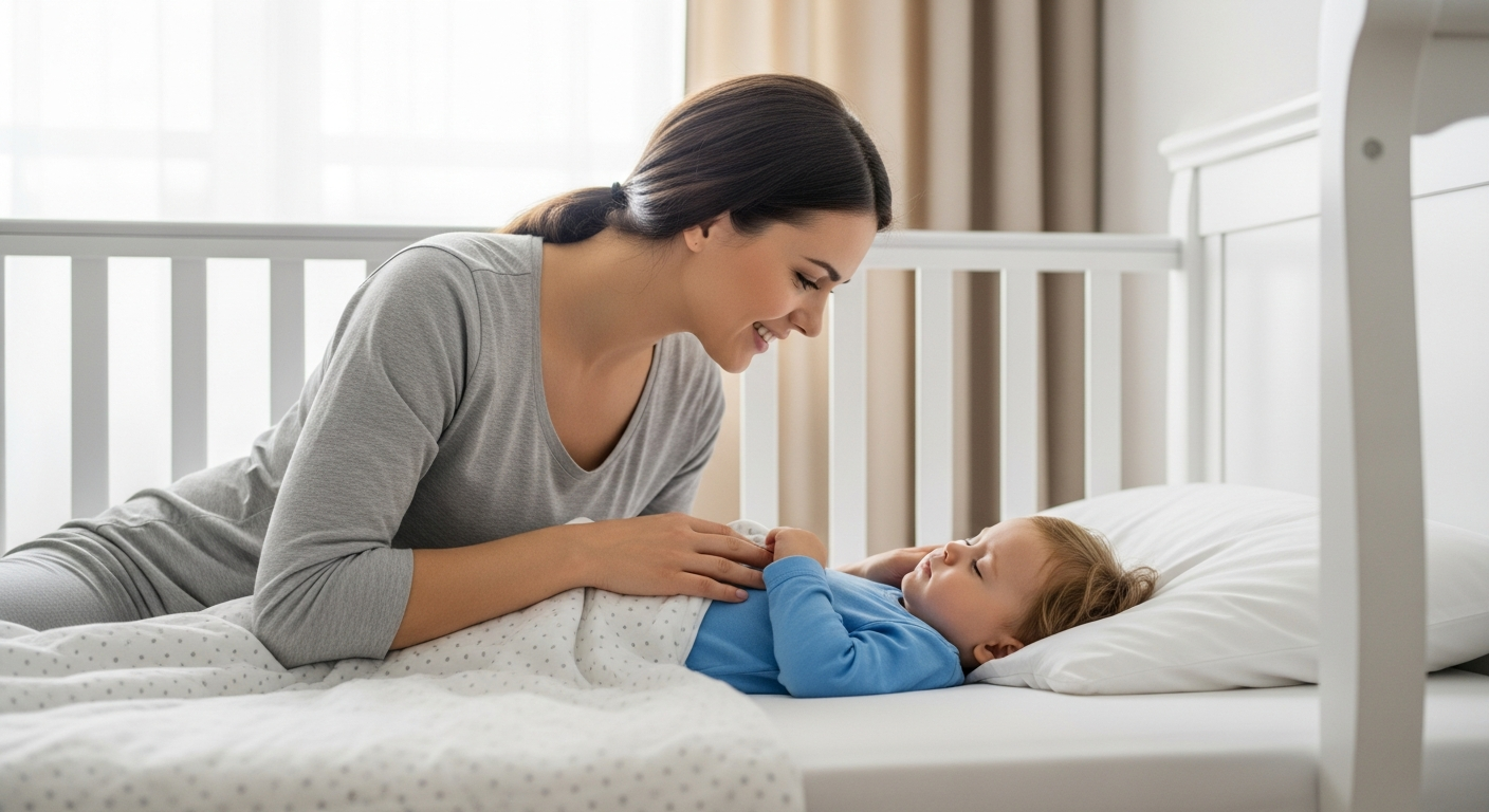 A mother helps her toddler get ready for a nap.