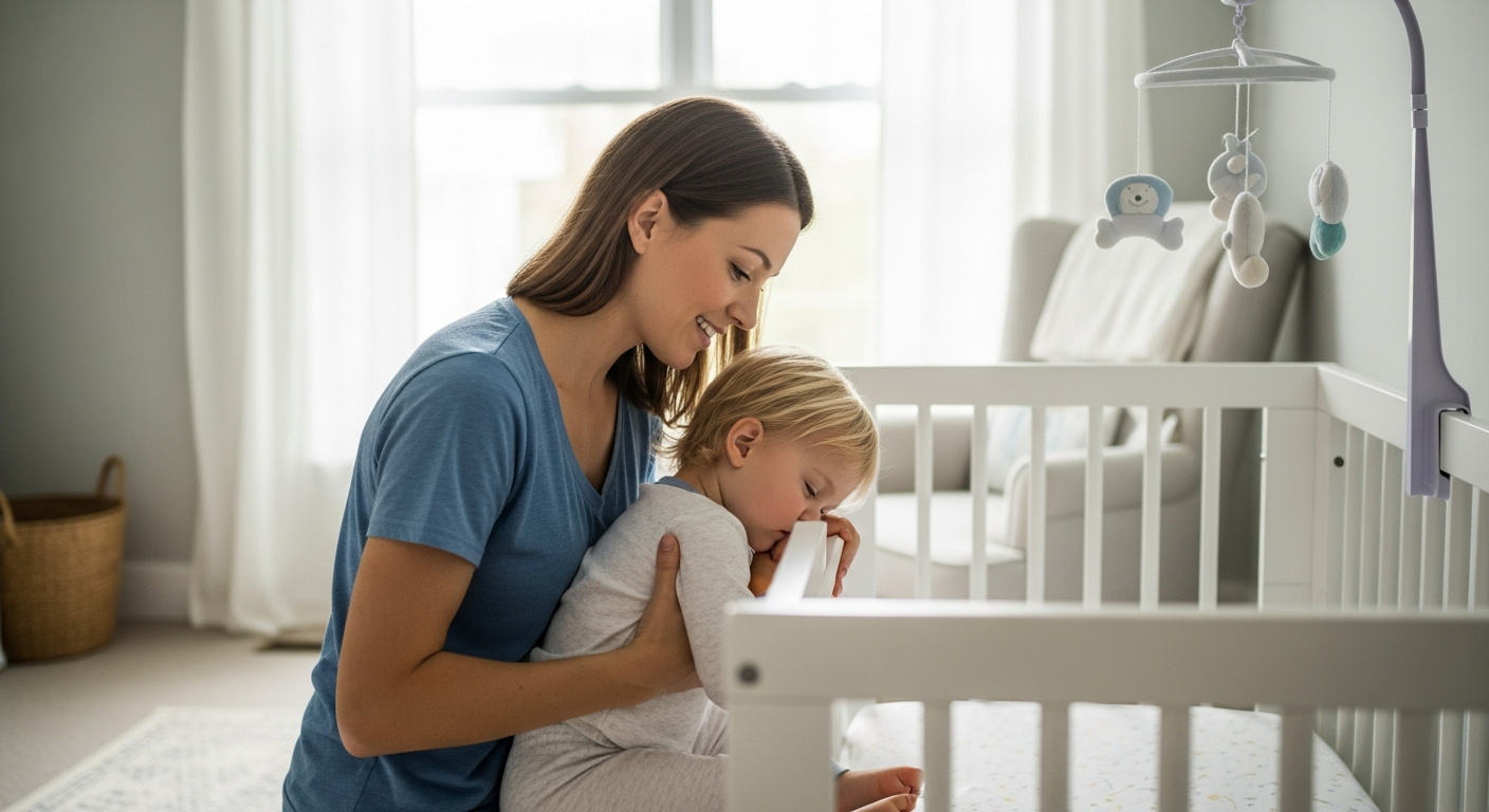 A mother puts her toddler down for a nap.