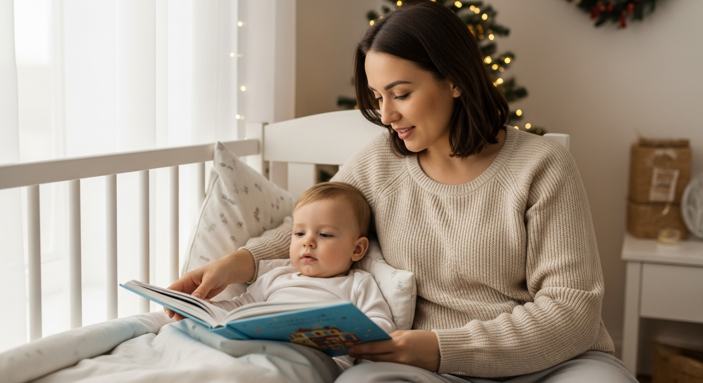 A mother reads to her toddler in a crib during the holidays.