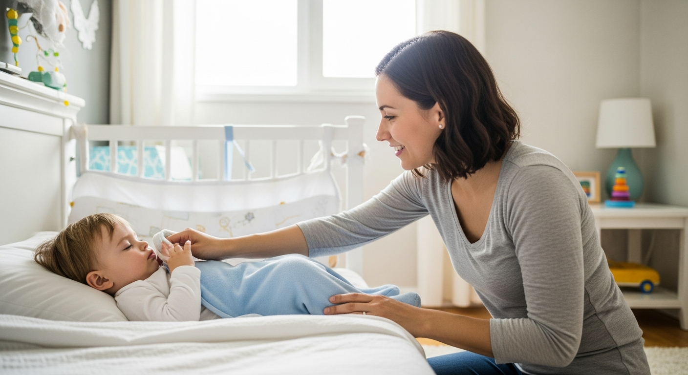 A mother wakes up her toddler in a bright bedroom.