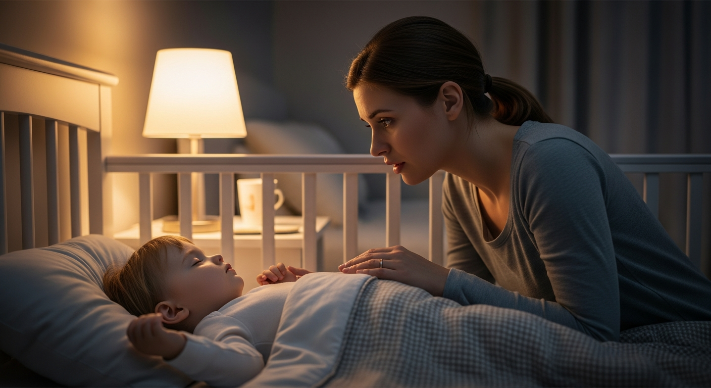 A mother watches her toddler sleeping in a crib.