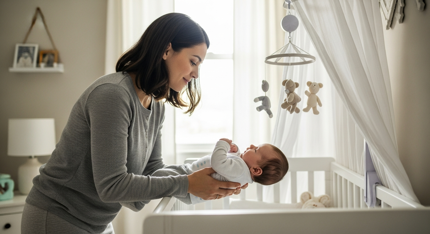 A mother putting her baby in a crib.