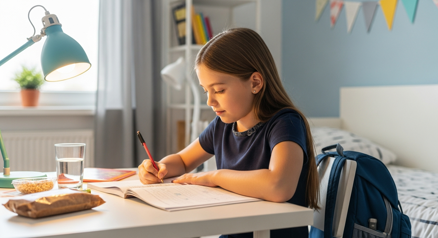 A girl does homework at her desk in her bedroom.