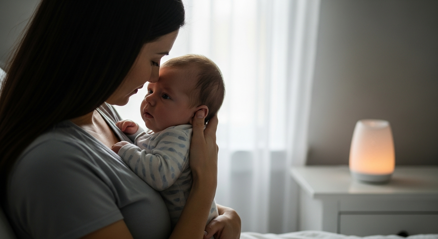 Mother holding her baby near a white noise machine