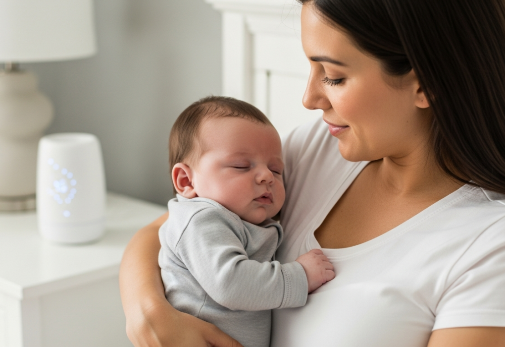 A mother holding her sleeping baby next to a white noise machine.