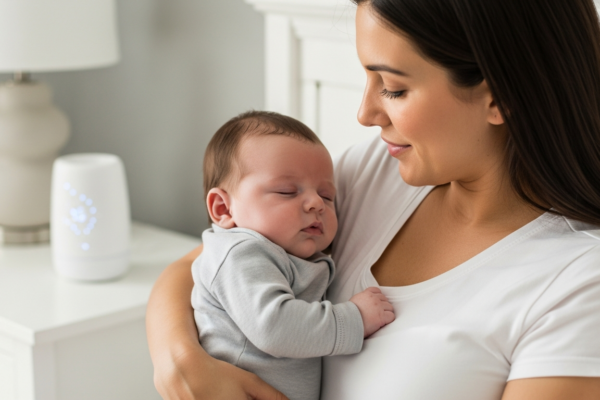 A mother holding her sleeping baby next to a white noise machine.