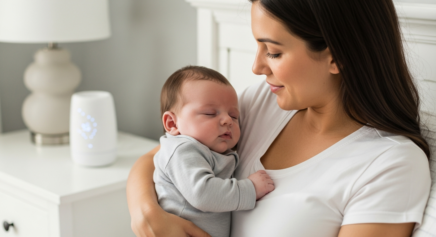 A mother holding her sleeping baby next to a white noise machine.