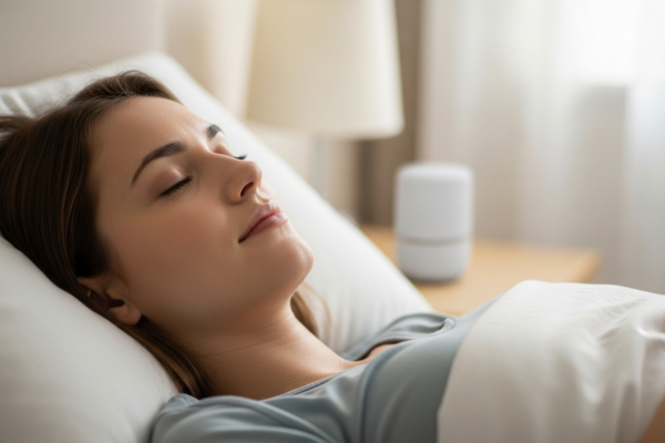 A woman sleeps peacefully with a white noise machine nearby