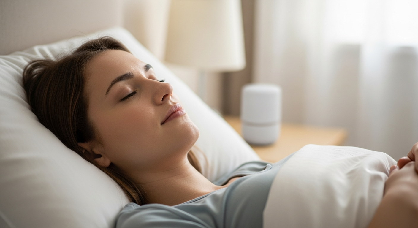 A woman sleeps peacefully with a white noise machine nearby