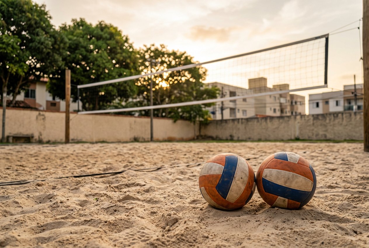 Duas bolas na areia de uma arena, com a rede ao fundo ao entardecer