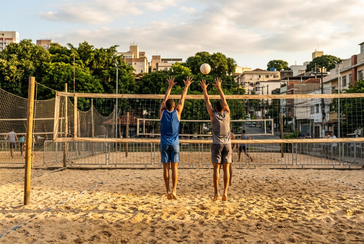 Dois jogadores de costas junto à rede de uma arena de vôlei de praia ao fim da tarde