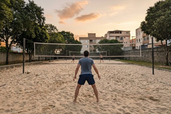 Jogador de costas na posição de defesa em uma quadra de areia, perto da rede