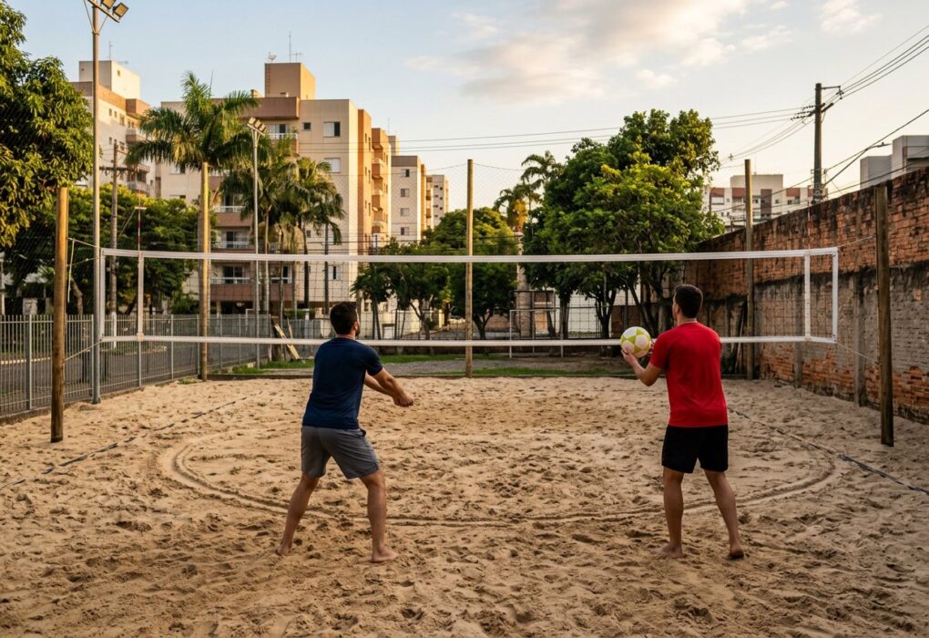 Dupla treinando manchete em uma quadra de areia, com um círculo riscado perto da rede como alvo