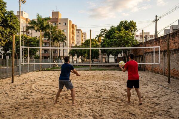 Dupla treinando manchete em uma quadra de areia, com um círculo riscado perto da rede como alvo