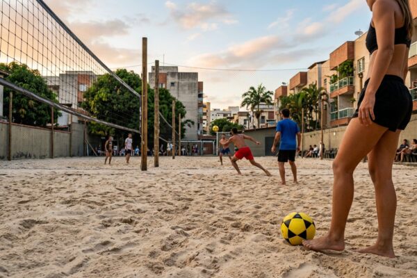 Bola de futevôlei na areia de uma arena, com pés descalços e a rede ao fundo