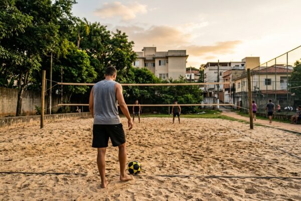 Jogador de costas na areia se preparando para sacar no futevôlei, com a bola ao lado do pé e a rede ao fundo