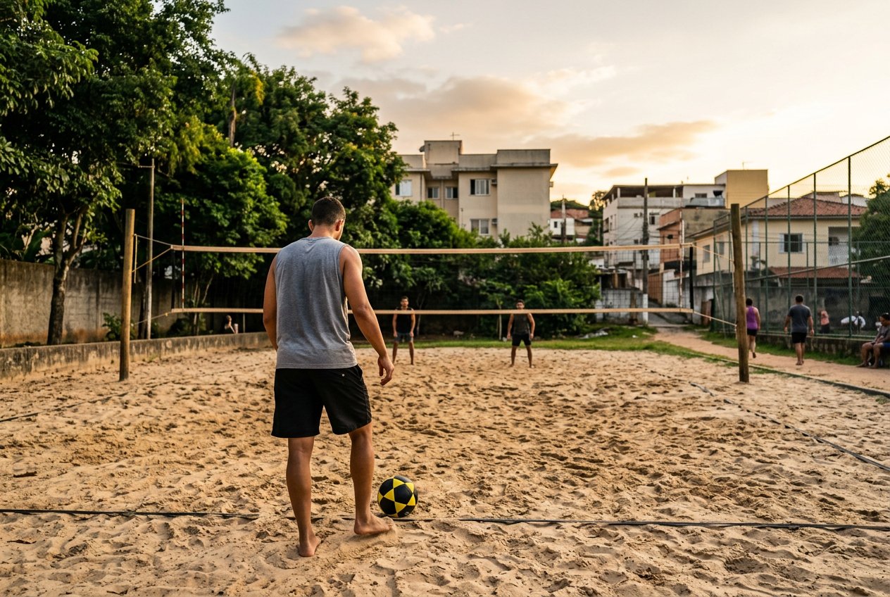 Jogador de costas na areia se preparando para sacar no futevôlei, com a bola ao lado do pé e a rede ao fundo
