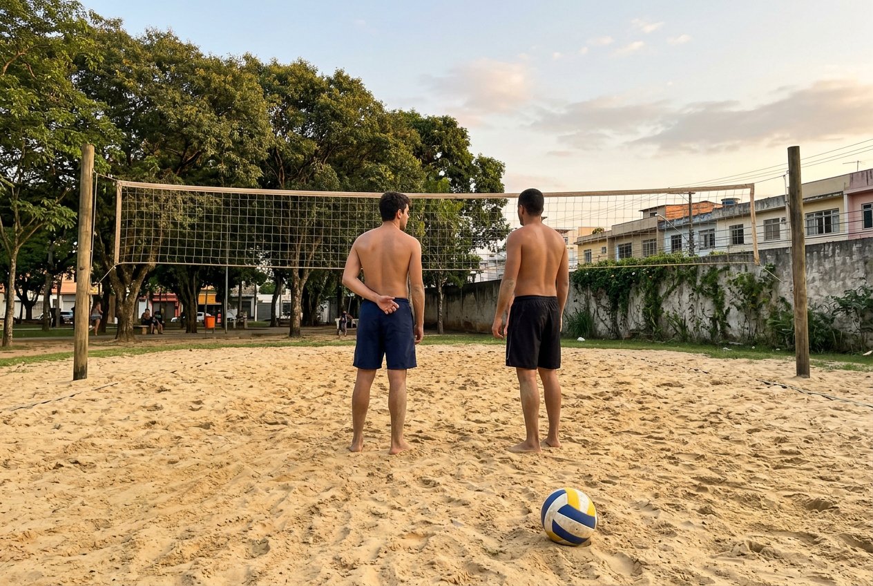 Dupla de vôlei de praia vista de costas na rede de uma arena de areia, com uma das mãos atrás do corpo